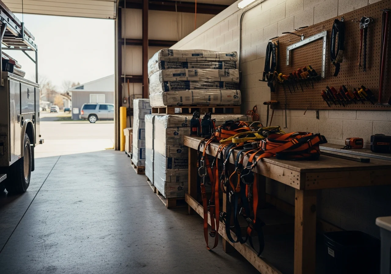 Construction crew with roofing tools and equipment ready for residential or commercial job site work.