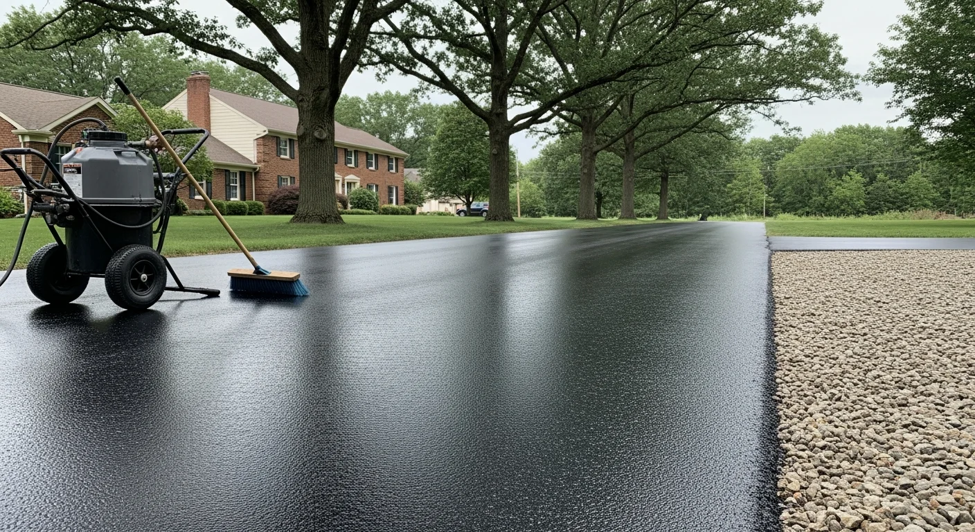 Freshly sealed asphalt driveway with dark, protective coating