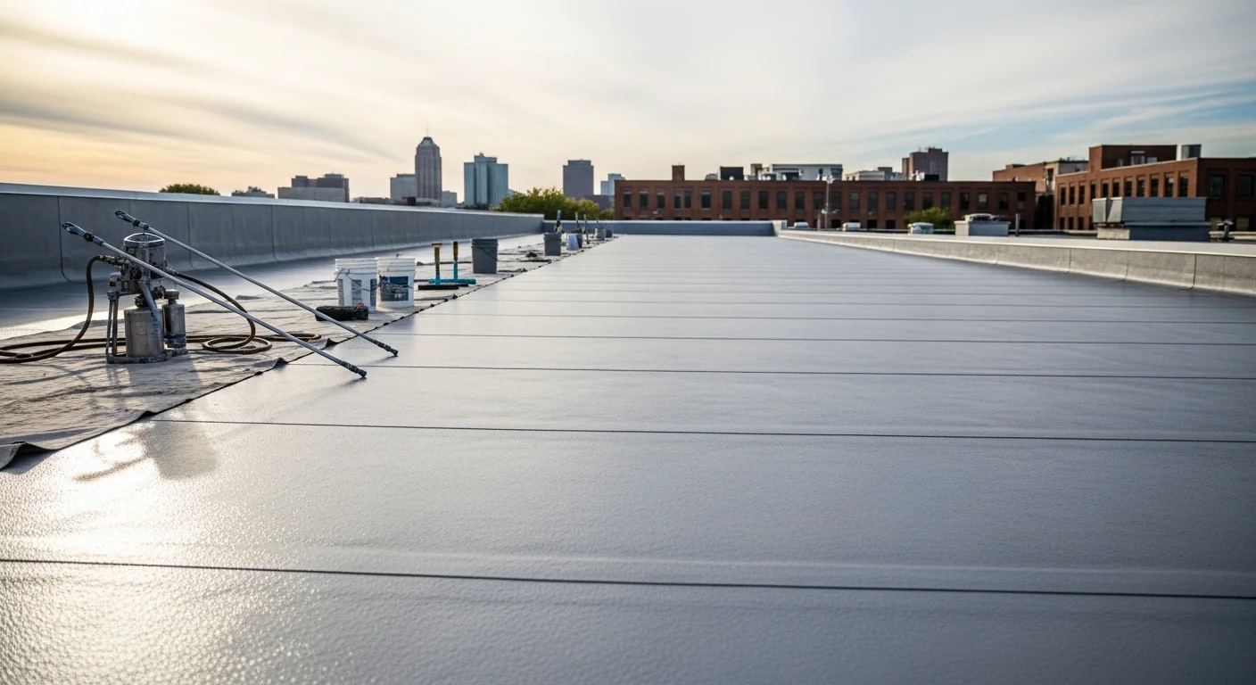 Commercial roof seal coating application on Akron business building