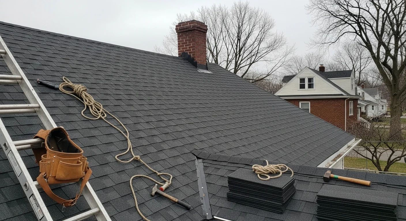 Professional roofer installing residential shingles on a home roof