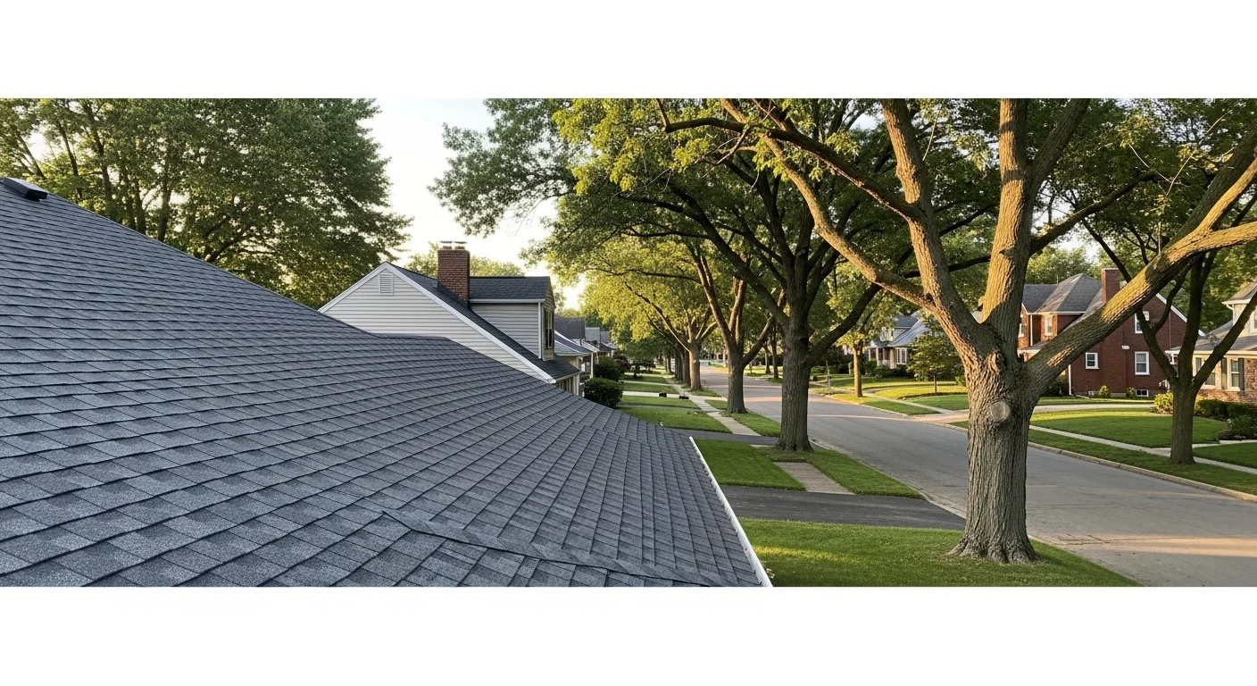 Residential street in Akron with well-maintained homes and mature trees lining the sidewalk.