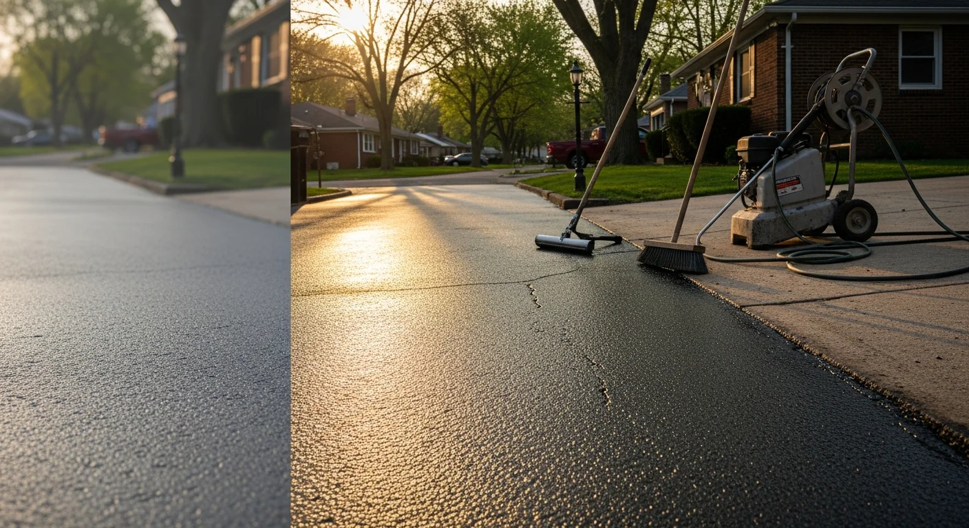 A freshly sealcoated residential driveway in Akron, Ohio with clean, dark asphalt and sealed crack lines visible along the surface. The surrounding property shows a typical Northeast Ohio residential setting with a concrete curb apron at the street edge.