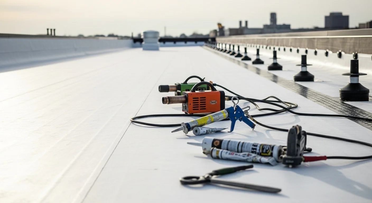A flat commercial roof on an Akron, Ohio office building showing a recently completed membrane installation with clean seams and drainage points. A 12 Point Construction LLC crew member inspects the finished surface against a Northeast Ohio skyline.