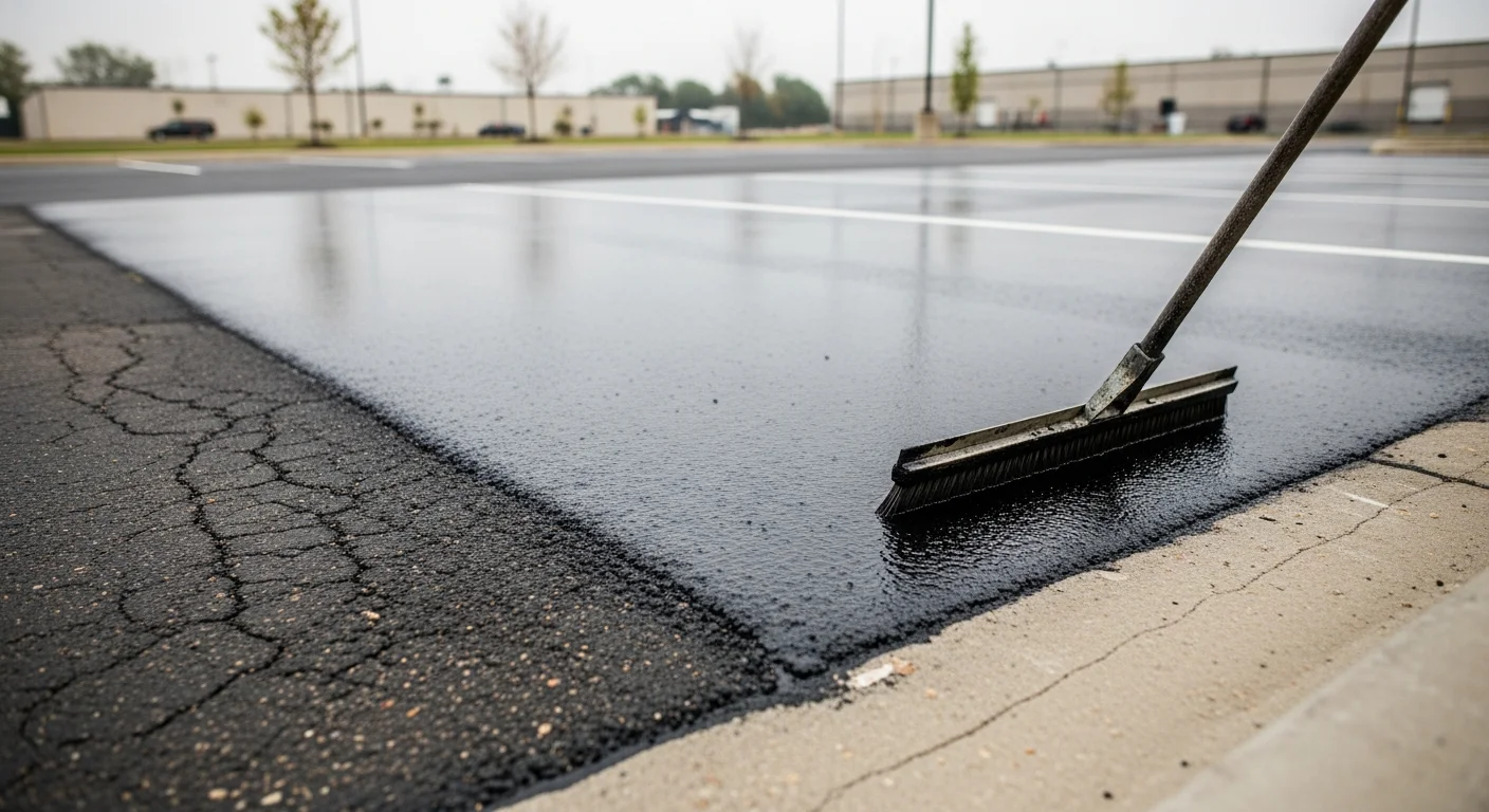 A freshly seal coated commercial parking lot in Akron, Ohio showing a uniform dark surface with clean lot lines. The lot serves a multi-unit commercial property with visible vehicle access lanes and curbed edges.