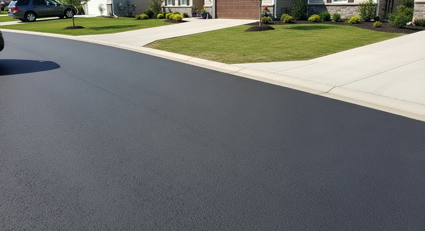 A freshly seal coated residential asphalt driveway in Akron, Ohio, showing a uniform deep black surface with clean edges. The driveway leads to a single-car garage on a typical Northeast Ohio residential property.