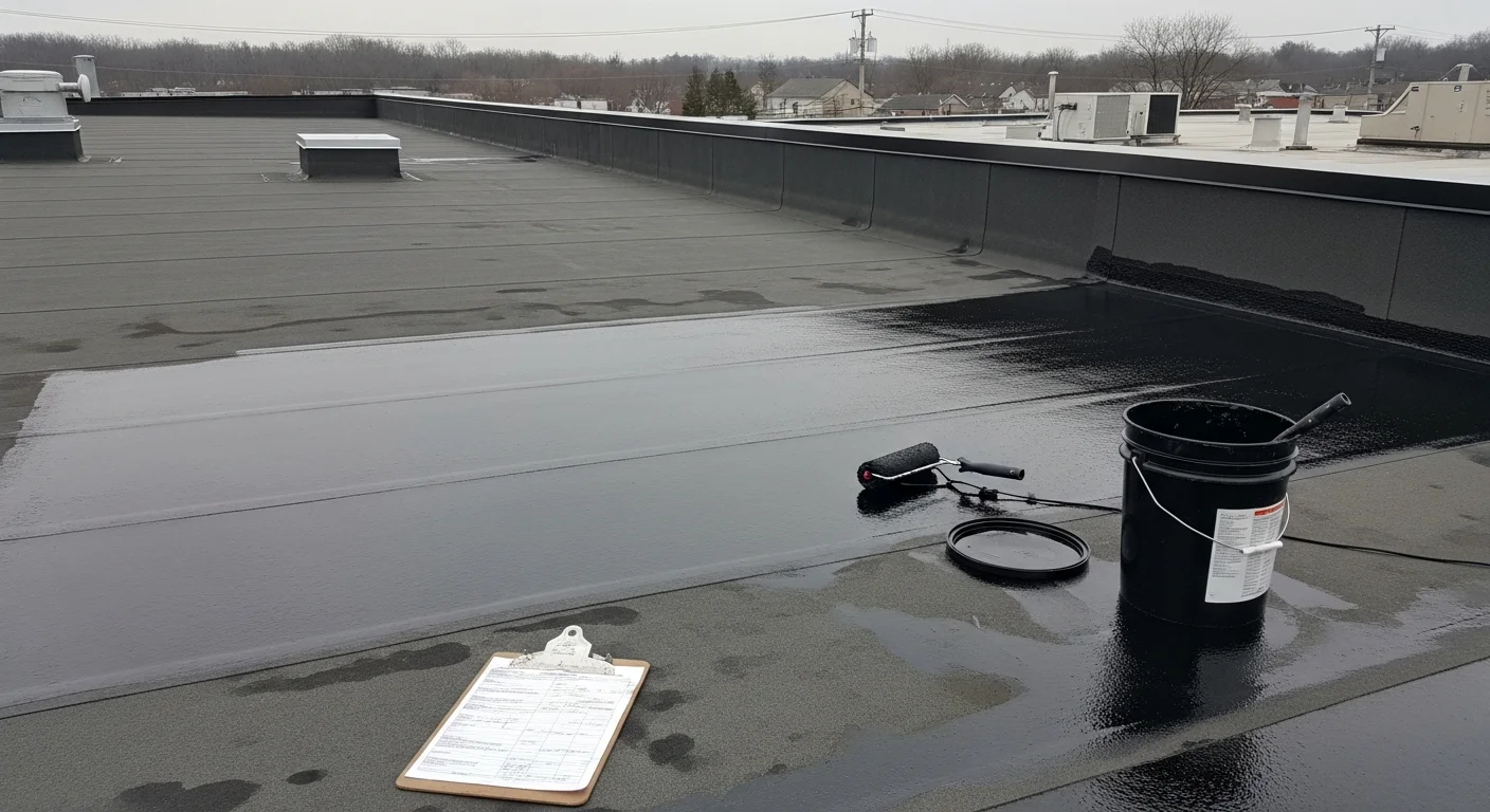 A flat commercial rooftop in Akron, Ohio with a freshly applied EPDM seal coating covering the rubber membrane surface. The coating is smooth and uniform, with sealed seams visible across the low-slope roof field.