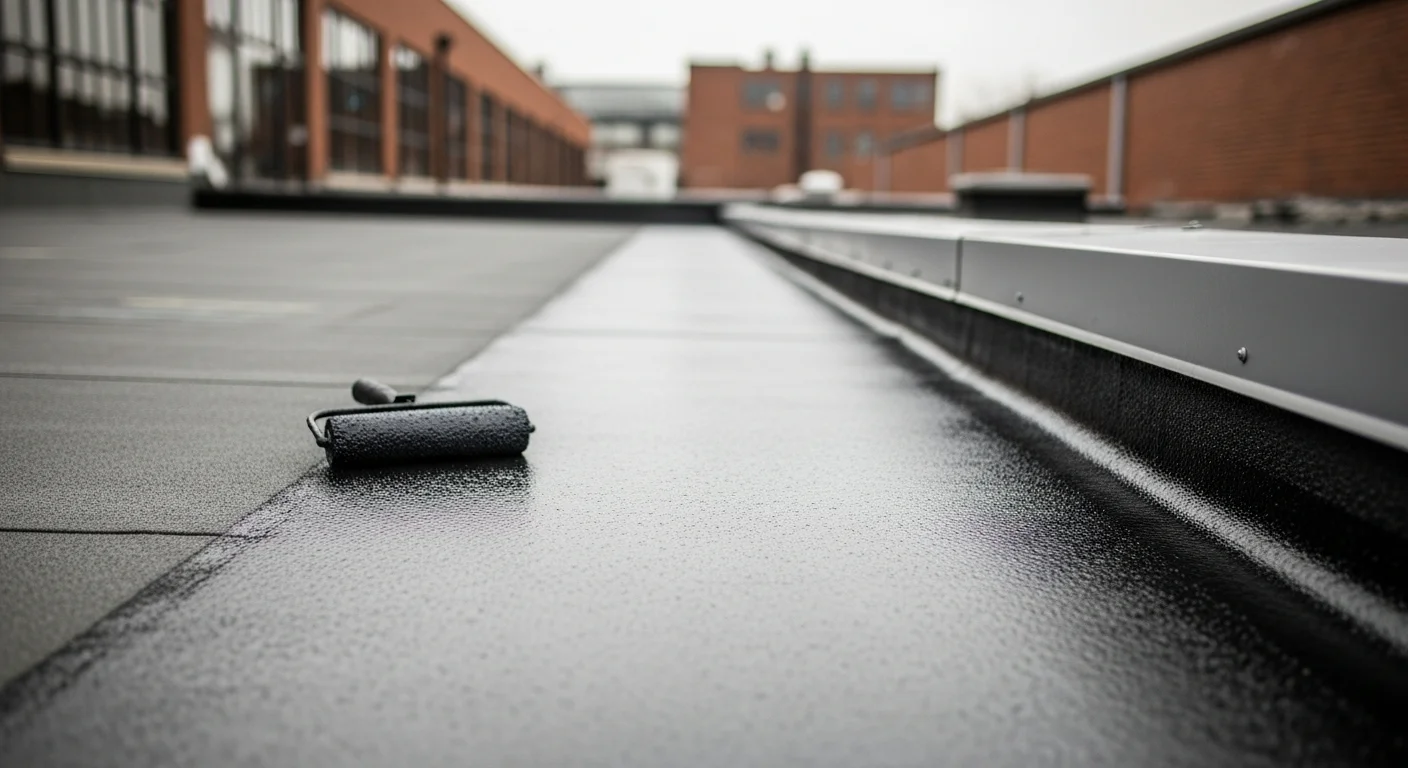 A commercial flat roof in Akron, Ohio with a freshly applied seal coating showing a uniform, light-colored protective surface across the full roof field. Roof penetrations and seam lines are visible beneath the continuous coating layer.