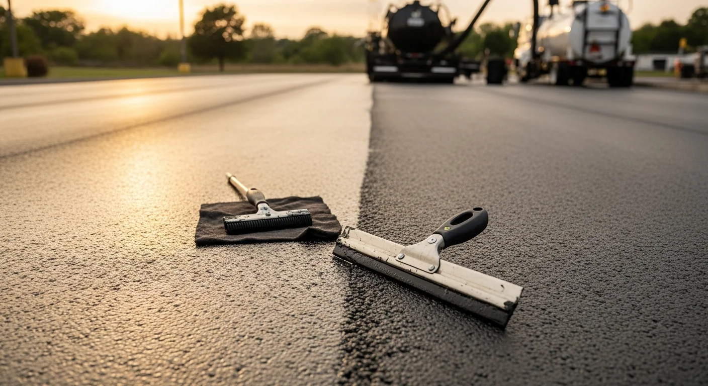A freshly seal coated commercial parking lot in Akron, Ohio showing a uniform dark black surface with clean lot lines. The sealed asphalt contrasts against the surrounding weathered pavement, reflecting the protective coating applied by 12 Point Construction LLC.
