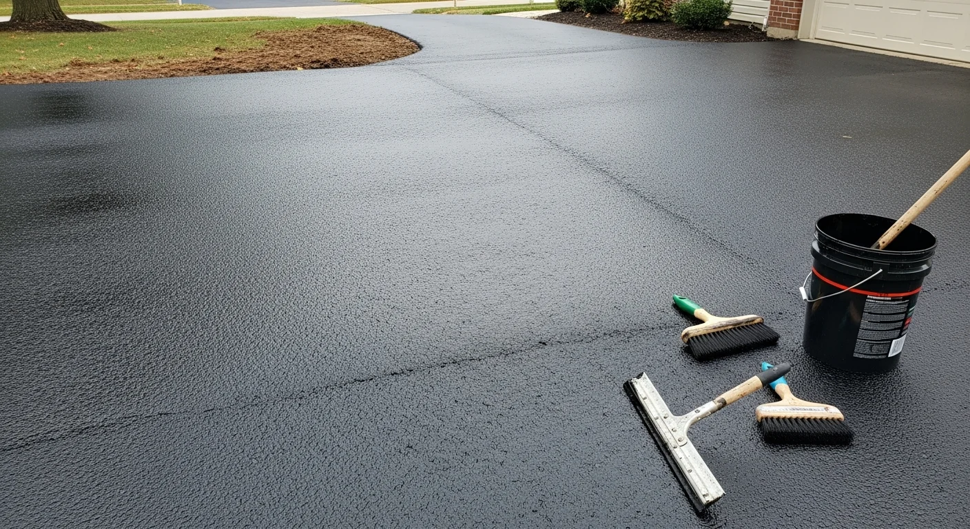 A freshly seal coated residential asphalt driveway in Akron, Ohio, showing a uniform dark black surface with clean edges along the lawn border. The driveway leads to a single-car garage on a typical Summit County residential property.
