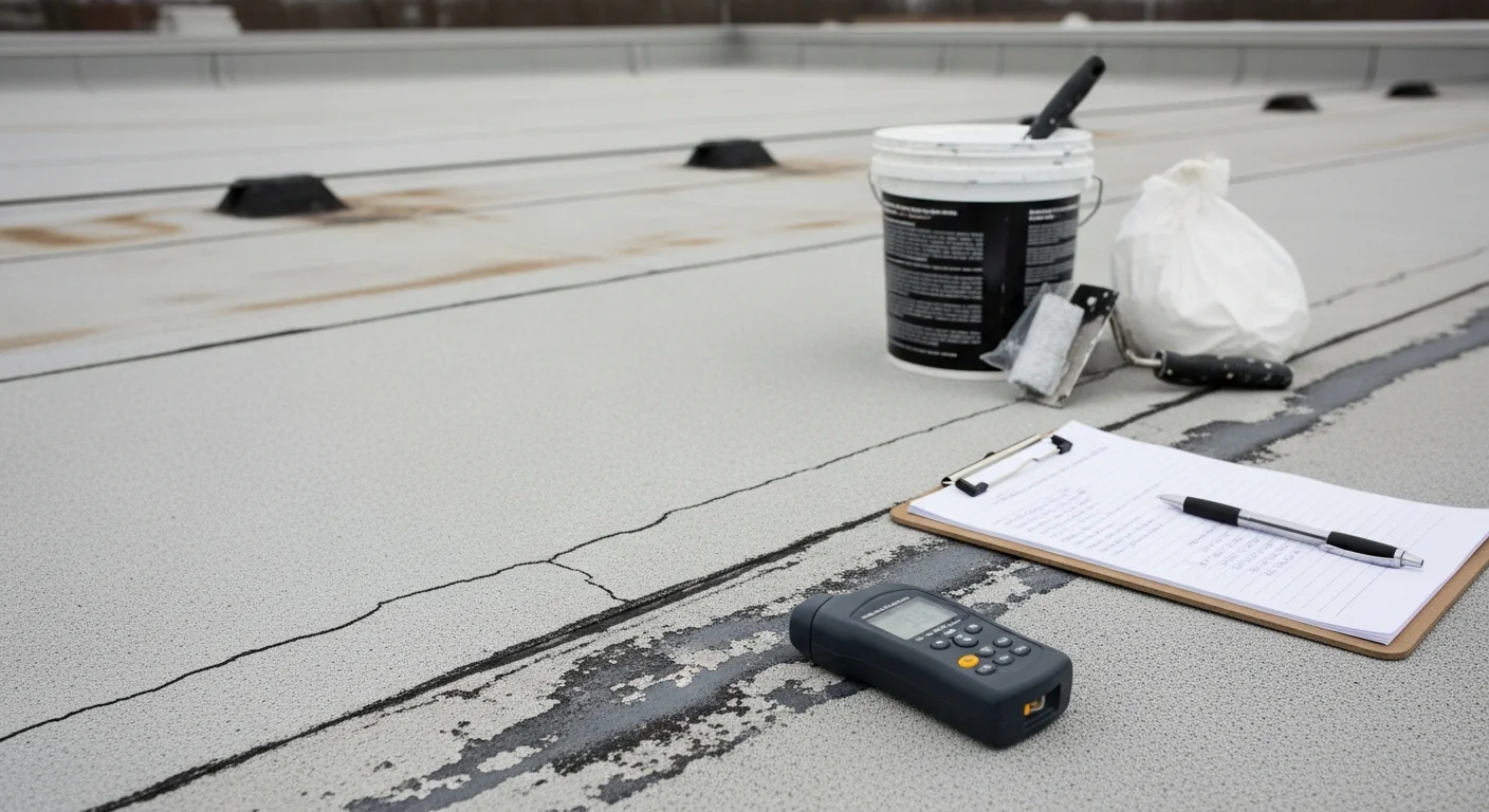 A commercial flat roof in Akron, Ohio showing a freshly inspected and maintained seal coating surface with clear drainage points and intact flashing at rooftop penetrations. A 12 Point Construction LLC technician reviews coating condition along the roof edge of a commercial building.