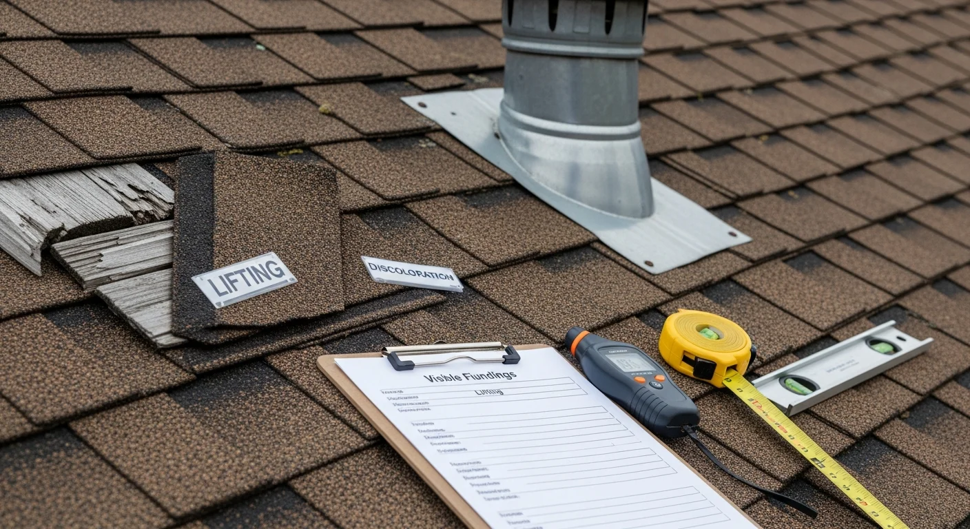 A 12 Point Construction LLC inspector examining shingles and flashing on a residential gable roof in Akron, Ohio. The inspection covers visible wear, storm damage, and flashing condition on a single-family home typical of Akron's mid-century housing stock.