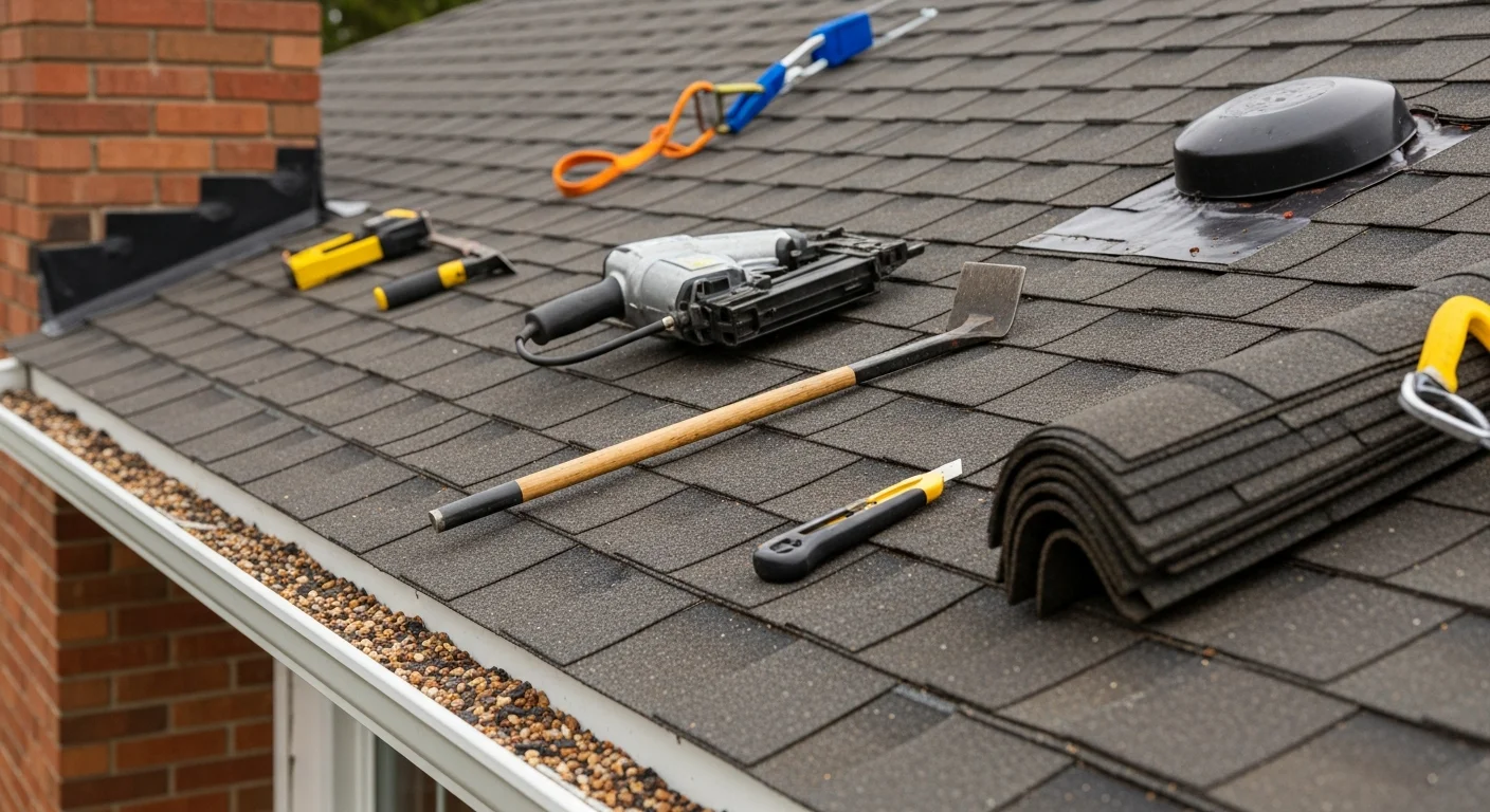 A roofing contractor from 12 Point Construction LLC repairing damaged shingles and flashing on a single-family home in Akron, Ohio. Close-up view shows replaced shingles and sealed flashing around a chimney on a residential roof.