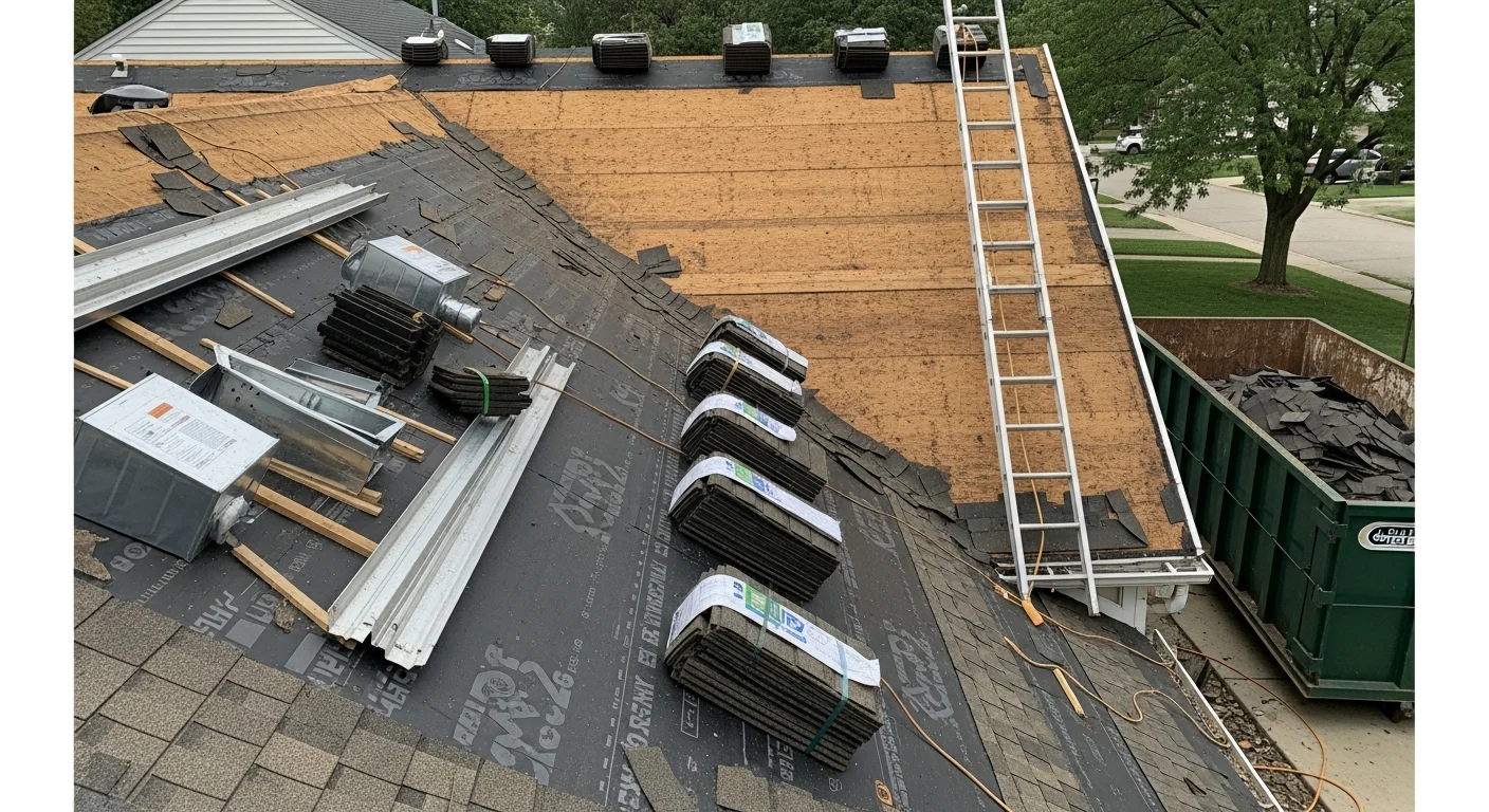 A completed residential roof replacement on a two-story Akron home, showing new architectural shingles installed over a fully inspected deck. The finished roof is photographed from street level against a typical Northeast Ohio residential streetscape.