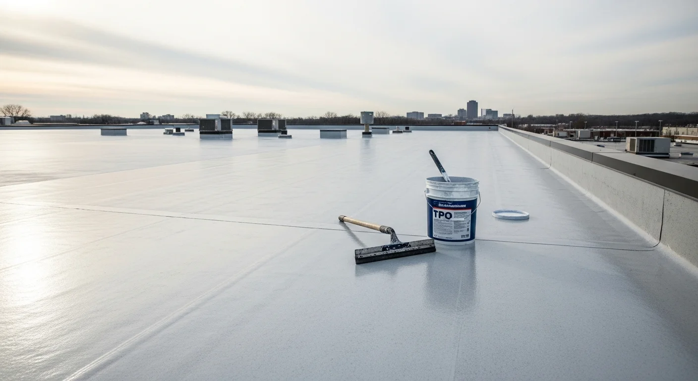 A commercial flat roof on an Akron building after TPO seal coating application, showing a smooth, light-colored reflective membrane surface with clean seams and no visible ponding areas. The surrounding Akron skyline is visible in the background under overcast Northeast Ohio skies.